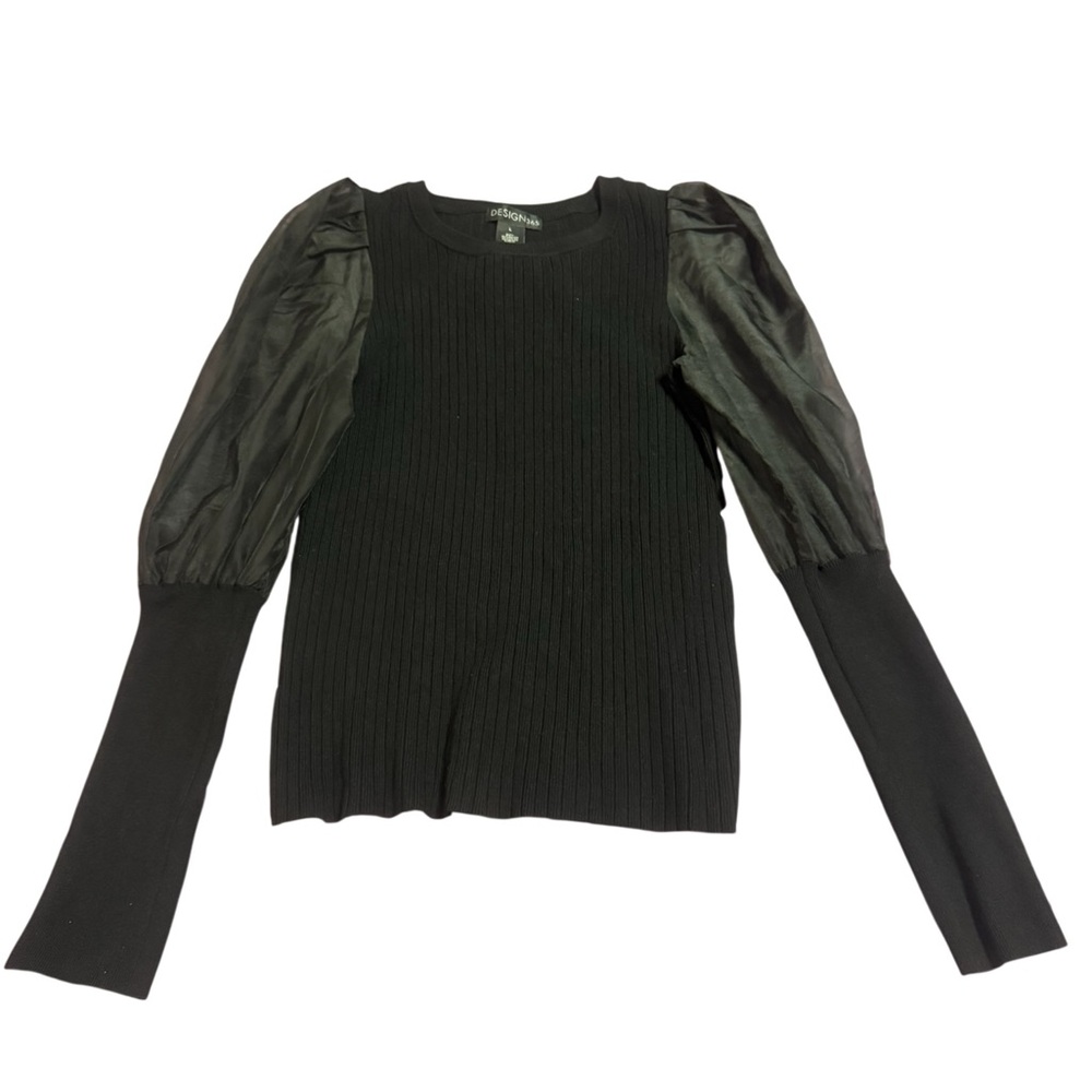 Chic 🖤 Black Ribbed Sweater w/ Chiffon Sleeves | Size Large - Picture 2 of 3